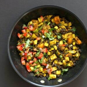 Southwestern Tofu Scramble with Chickpea Tofu. Scrambled Tofu without Soy tofu! Soy-free Breakfast Scramble with Black beans, Veggies, Sweet Potatoes, Spices, Chickpea flour Tofu. Double Protein Savory Vegan Breakfast. Gluten-free Soy-free Nut-free  | VeganRicha.com