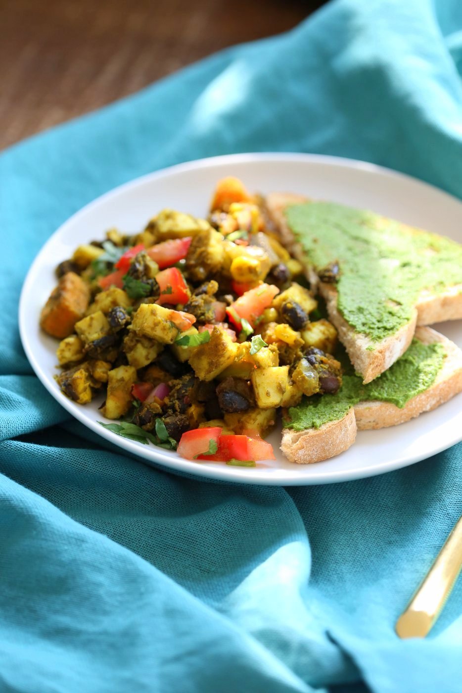 Southwestern Tofu Scramble with Chickpea Tofu. Scrambled Tofu without Soy tofu! Soy-free Breakfast Scramble with Black beans, Veggies, Sweet Potatoes, Spices, Chickpea flour Tofu. Double Protein Savory Vegan Breakfast. Gluten-free Soy-free Nut-free  | VeganRicha.com