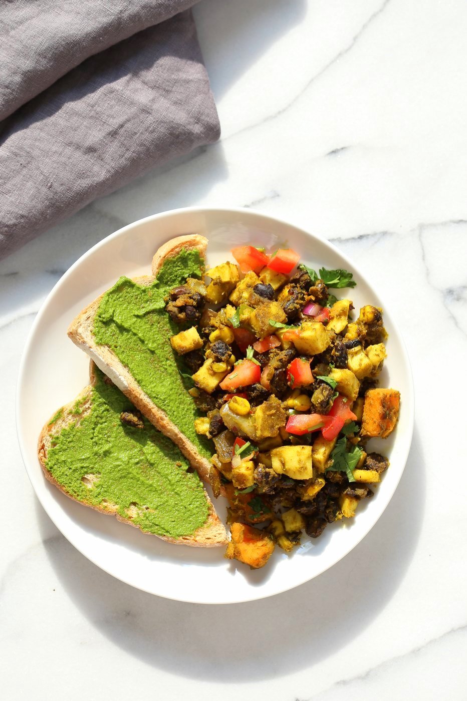 Southwestern Tofu Scramble with Chickpea Tofu. Scrambled Tofu without Soy tofu! Soy-free Breakfast Scramble with Black beans, Veggies, Sweet Potatoes, Spices, Chickpea flour Tofu. Double Protein Savory Vegan Breakfast. Gluten-free Soy-free Nut-free  | VeganRicha.com