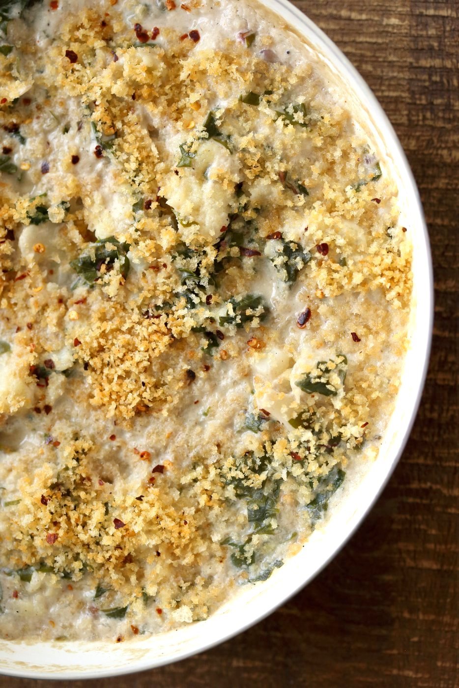 Vegan Cauliflower Gratin - Creamy, Spiced Cauliflower Casserole. No Bake Skillet Gratin or Bake with a garlic breadcrumb topping. Vegan Soy-free Recipe, Can be gluten-free and nut-free. | VeganRicha.com
