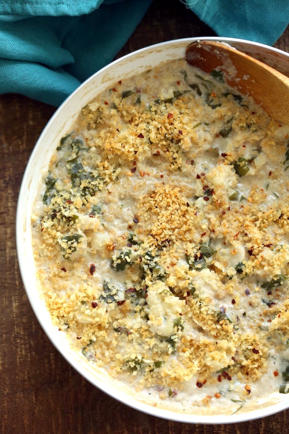 Vegan Cauliflower Gratin - Creamy, Spiced Cauliflower Casserole. No Bake Skillet Gratin or Bake with a garlic breadcrumb topping. Vegan Soy-free Recipe, Can be gluten-free and nut-free. | VeganRicha.com
