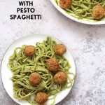 Amazing Pesto Spaghetti with Vegan Meatballs made with Chickpeas. Vegetarian Chickpea Walnut "meatballs" over pesto pasta. Ready in 40 Minutes. Vegan Soyfree Recipe. Can be Glutenfree | VeganRicha.com