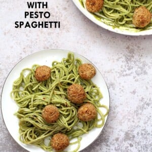 Amazing Pesto Spaghetti with Vegan Meatballs made with Chickpeas. Vegetarian Chickpea Walnut "meatballs" over pesto pasta. Ready in 40 Minutes. Vegan Soyfree Recipe. Can be Glutenfree | VeganRicha.com