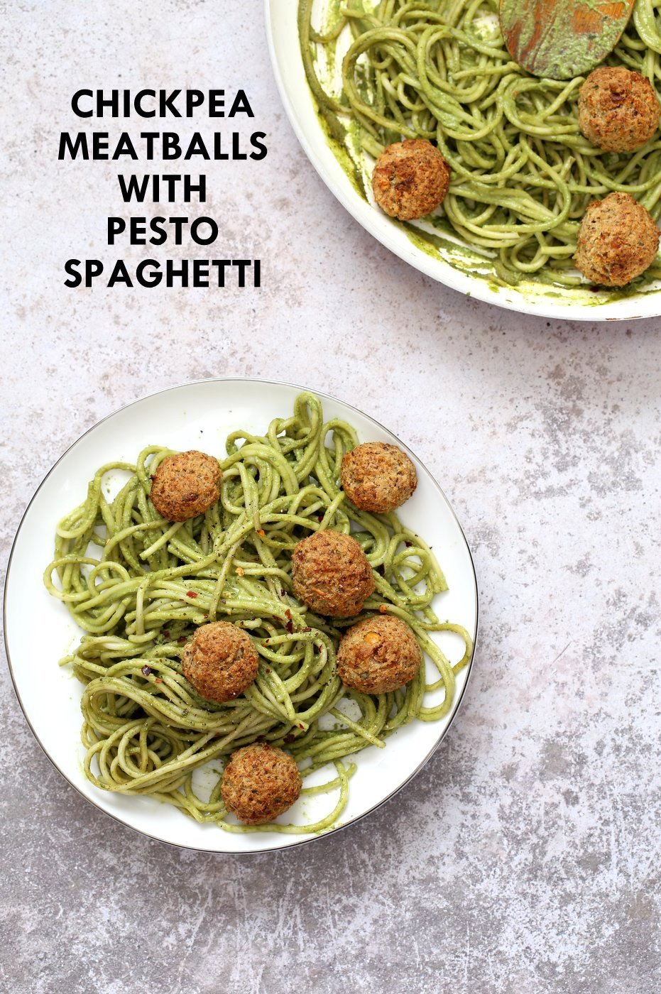 Amazing Pesto Spaghetti with Vegan Meatballs made with Chickpeas. 24 Gm of Protein. Vegetarian Chickpea Walnut "meatballs" over pesto pasta. Ready in 40 Minutes. Vegan Soyfree Recipe. Can be Glutenfree | VeganRicha.com