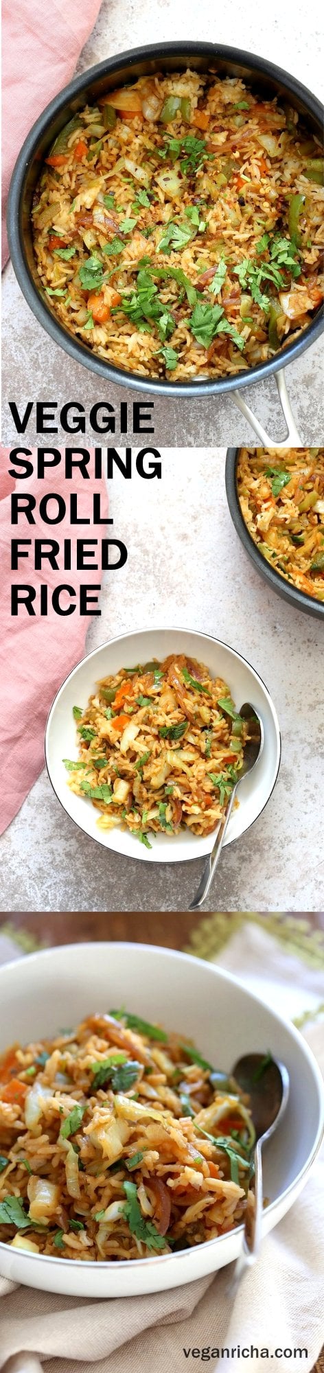 1 Pot, 30 Minute Veggie Spring Rolls Fried Rice! Fridge clean up fried rice with cabbage, carrots, bell pepper,  with rice or other cooked grains for a quick weeknight meal. #Vegan #veganricha #Glutenfree #Nutfree #Recipe | VeganRicha.com