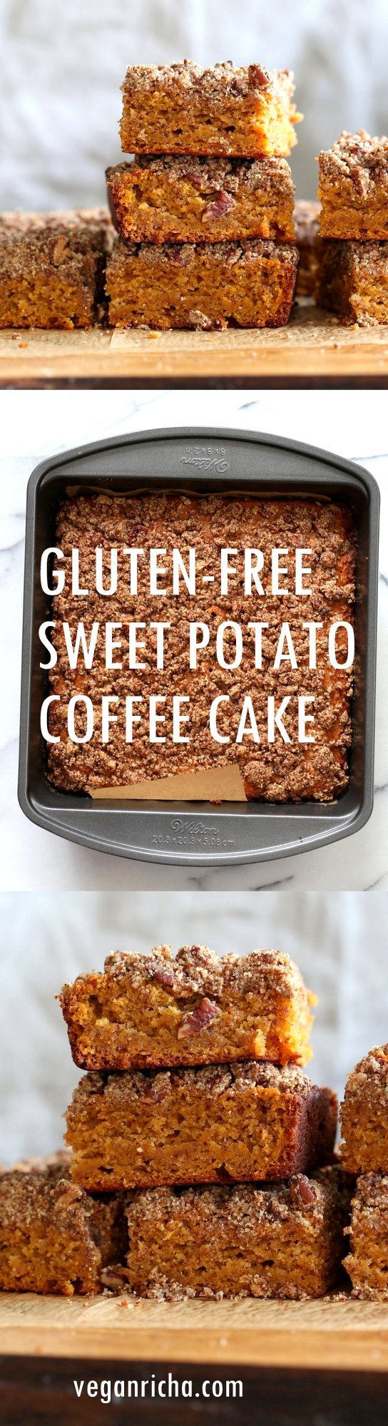 Vegan Gluten free Coffee Cake - Simple Fall Sweet Potato Pecan Crumb Cake with Pumpkin pie spices. Warm Cozy slice of cake. Gluten-free Soy-free Recipe.  | VeganRicha.com