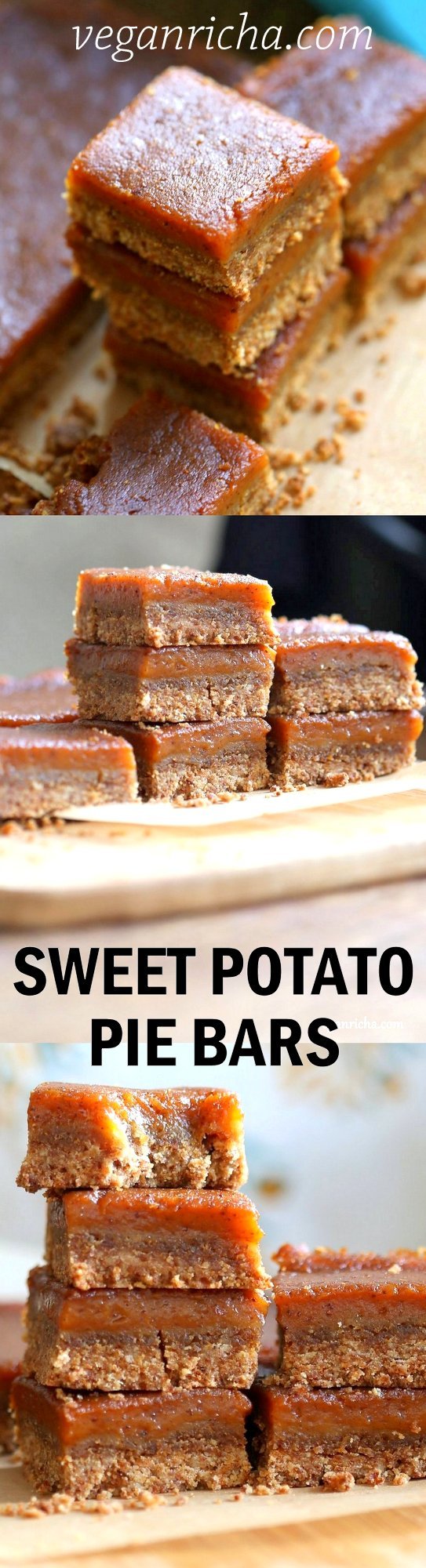 Vegan Sweet Potato Pie Bars. Spiced Sweet Potato Pie layered over cinnamony snickerdoodle crust. Make this into a pie for decadent holiday dessert . GF option | VeganRicha.com