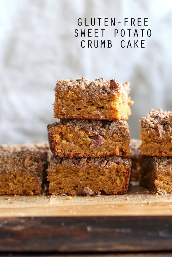 Vegan Gluten free Coffee Cake - Simple Fall Sweet Potato Pecan Crumb Cake with Pumpkin pie spices. Warm Cozy slice of cake. Gluten-free Soy-free Recipe.ย  | VeganRicha.com