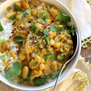 Cannellini and Lentil Jamaican Curry. Ran out of chickpeas to make lentil and chickpea Jamaican curry. Easy Coonut Curry with Jamaican Curry spices and beans and red lentils. #Vegan #Glutenfree #Soyfree #Nutfree #Recipe #veganricha | VeganRicha.com