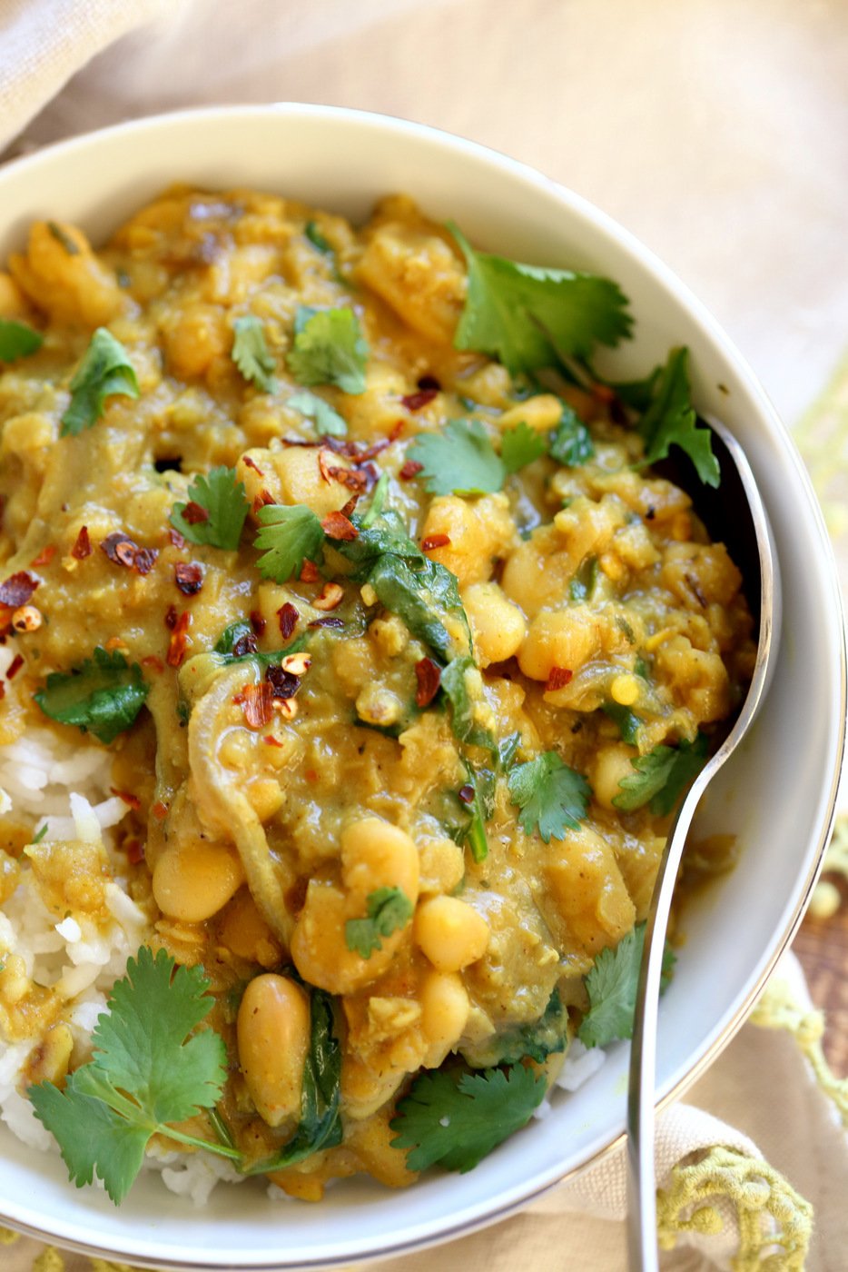 Cannellini and Lentil Jamaican Curry. 1 Pot 30 Minutes. Easy Coconut Curry with Jamaican Curry spices and beans and red lentils. #Vegan #Glutenfree #Soyfree #Nutfree #Recipe #veganricha | VeganRicha.com