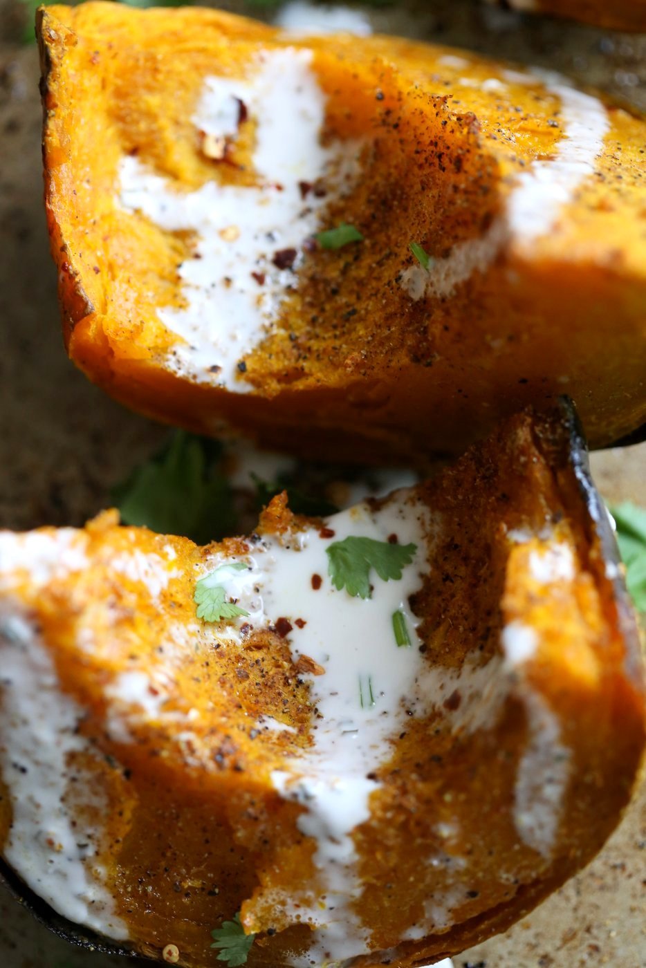 Berbere Roasted Kabocha Squash with Tahini Dill Dressing. Use ohter spice blends of choice. Festive, spiced winter squash. Add cranberries or other dried fruit. #Vegan #Glutenfree #Soyfree #Recipe #veganricha| VeganRicha.com