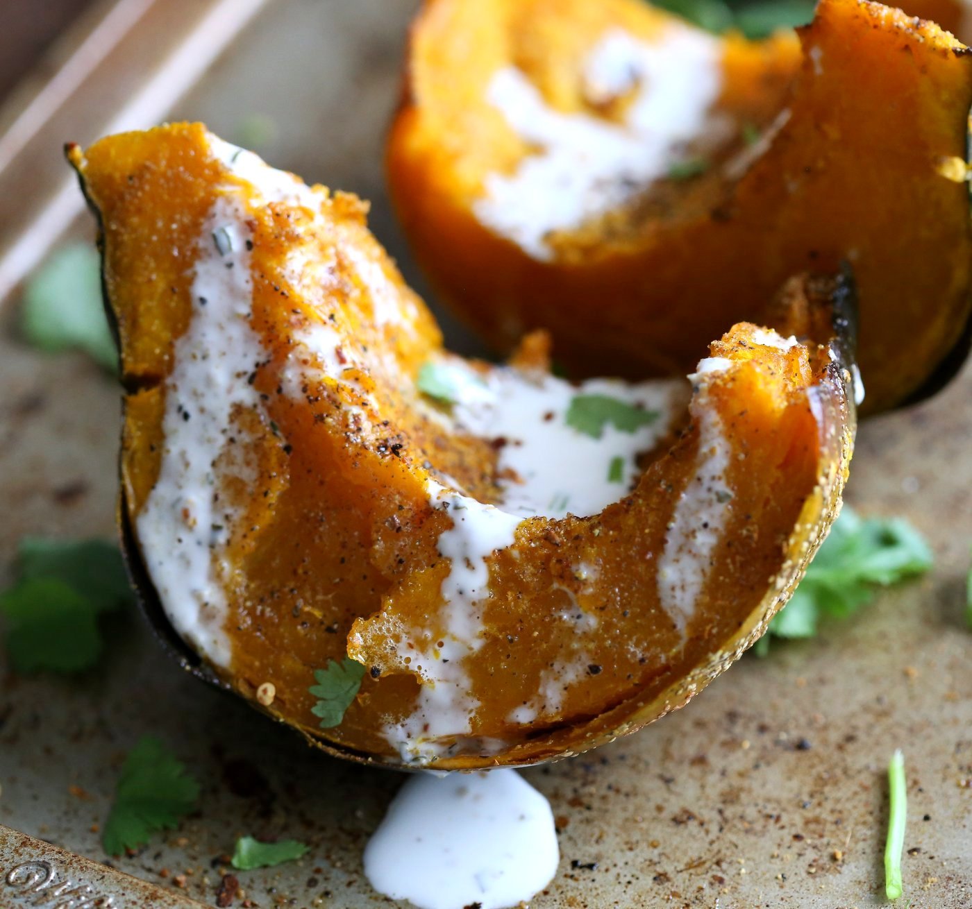 Berbere Roasted Kabocha Squash with Tahini Dill Dressing. Use ohter spice blends of choice. Festive, spiced winter squash. Add cranberries or other dried fruit. #Vegan #Glutenfree #Soyfree #Recipe #veganricha| VeganRicha.com