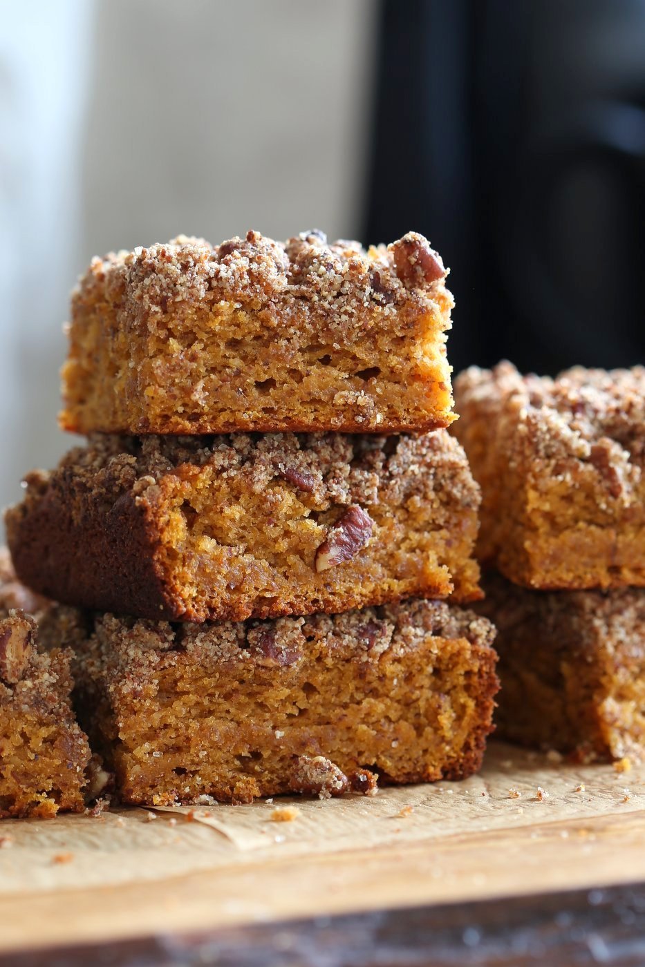 Vegan Gluten free Coffee Cake - Simple Fall Sweet Potato Pecan Crumb Cake with Pumpkin pie spices. Warm Cozy slice of cake. Gluten-free Soy-free Recipe.  | VeganRicha.com