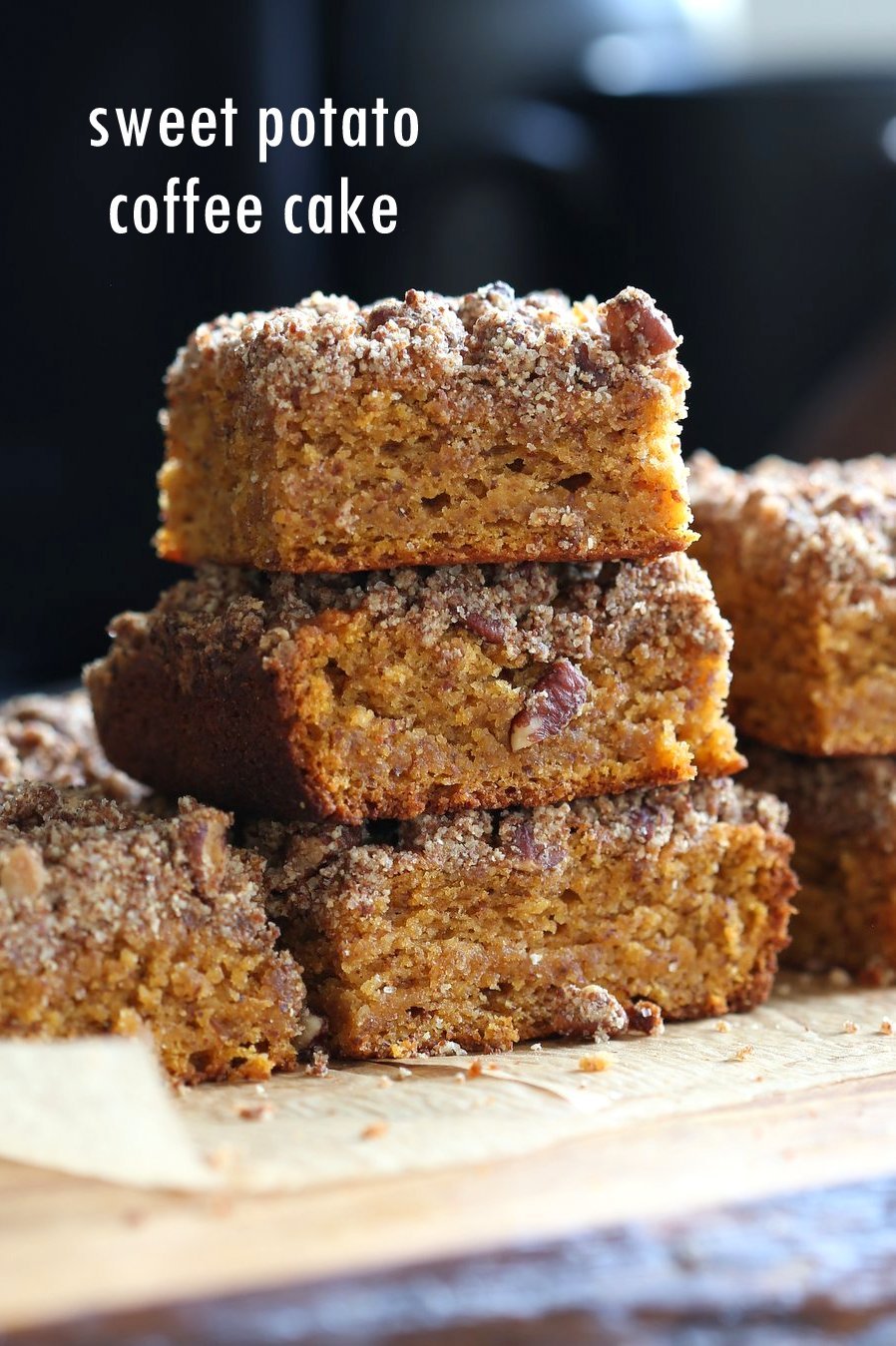 Vegan Gluten free Coffee Cake - Simple Fall Sweet Potato Pecan Crumb Cake with Pumpkin pie spices. Warm Cozy slice of cake. Gluten-free Soy-free Recipe.  | VeganRicha.com