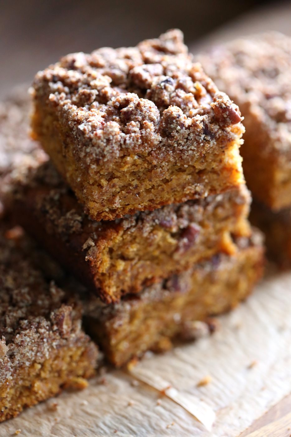 Vegan Gluten free Coffee Cake - Simple Fall Sweet Potato Pecan Crumb Cake with Pumpkin pie spices. Warm Cozy slice of cake. Gluten-free Soy-free Recipe.  | VeganRicha.com