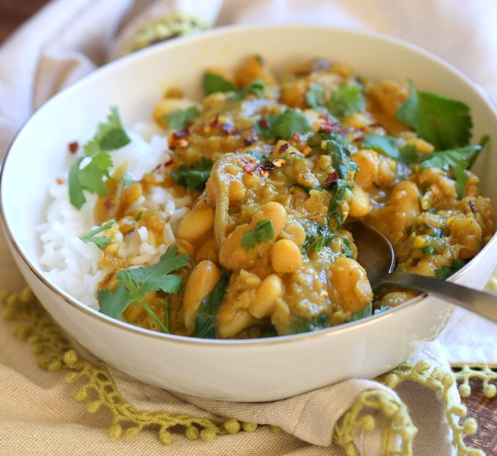 Cannellini and Lentil Jamaican Curry. Ran out of chickpeas to make lentil and chickpea Jamaican curry. Easy Coonut Curry with Jamaican Curry spices and beans and red lentils. #Vegan #Glutenfree #Soyfree #Nutfree #Recipe #veganricha | VeganRicha.com