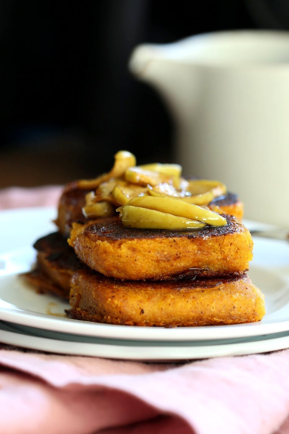 Vegan Pumpkin French Toast with Pumpkin Cornbread, pumpkin pie spices and Caramelized Apples! Breakfast for fall. Vegan Soy-free Recipe. Can be gluten-free with gluten-free cornbread #vegan #breakfast #recipe #veganricha