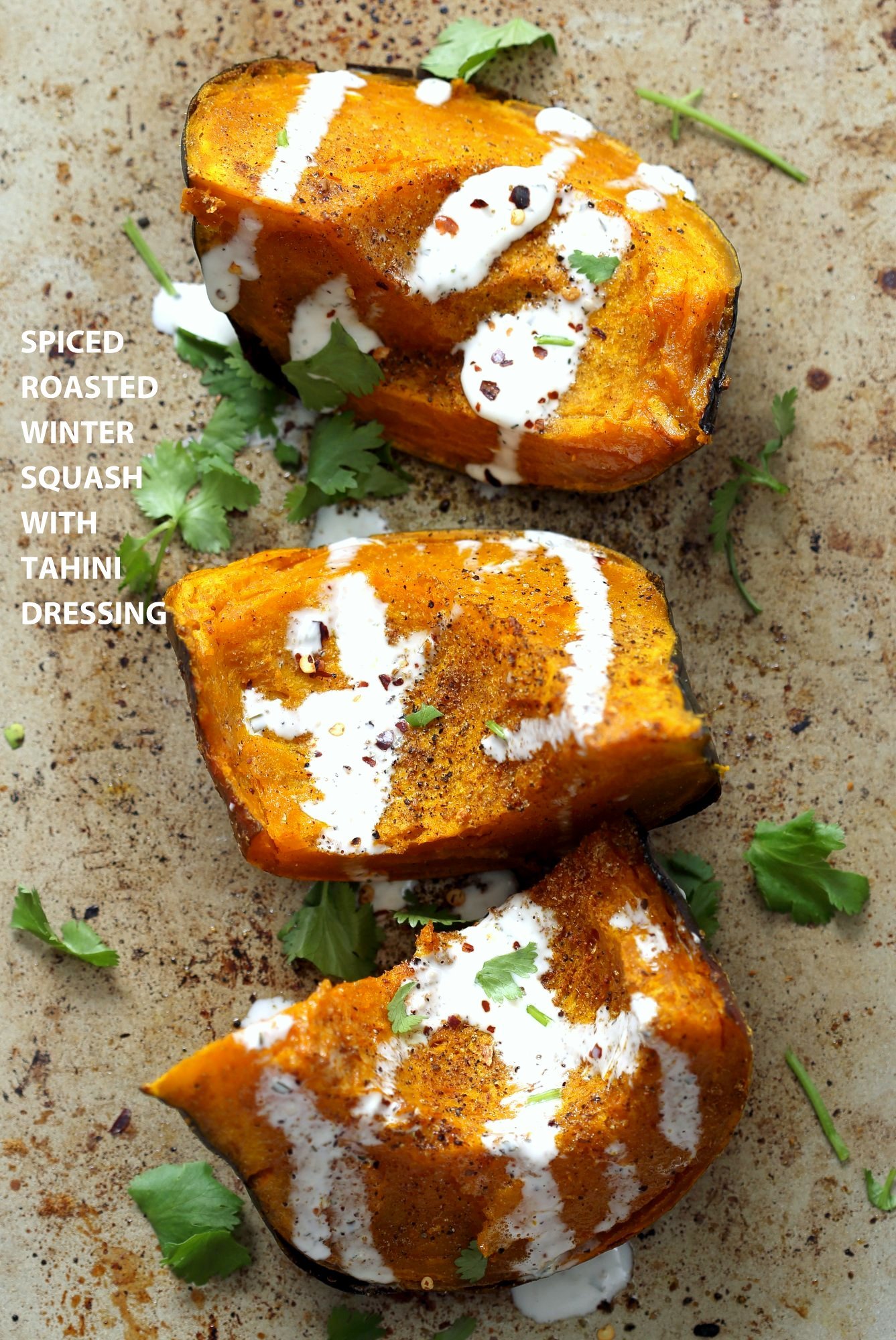 Berbere Roasted Kabocha Squash with Tahini Dill Dressing. Use ohter spice blends of choice. Festive, spiced winter squash. Add cranberries or other dried fruit. #Vegan #Glutenfree #Soyfree #Recipe #veganricha| VeganRicha.com