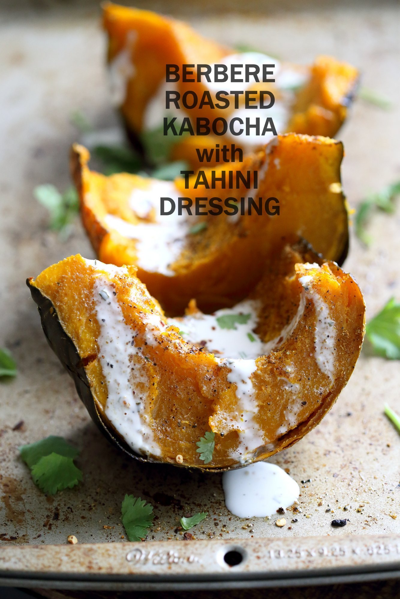 Berbere Roasted Kabocha Squash with Tahini Dill Dressing. Use ohter spice blends of choice. Festive, spiced winter squash. Add cranberries or other dried fruit. #Vegan #Glutenfree #Soyfree #Recipe #veganricha | VeganRicha.com