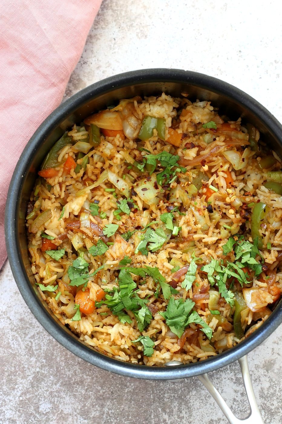 1 Pot, 30 Minute Veggie Spring Rolls Fried Rice! Fridge clean up fried rice with cabbage, carrots, bell pepper,  with rice or other cooked grains for a quick weeknight meal. Vegan Gluten-free Nut-free Recipe | VeganRicha.com