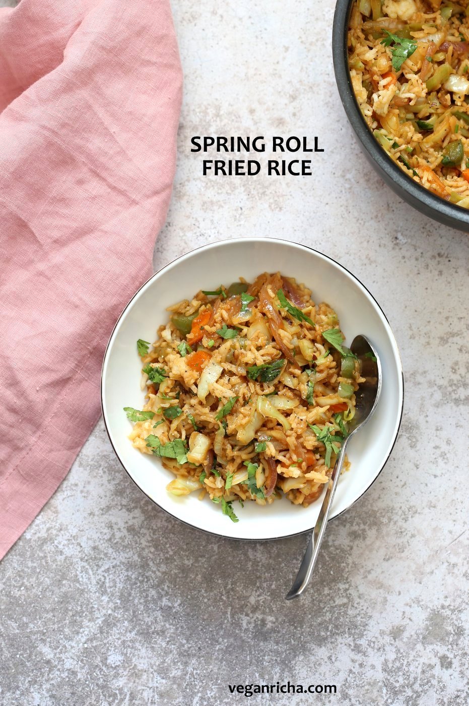 1 Pot, 30 Minute Veggie Spring Rolls Fried Rice! Fridge clean up fried rice with cabbage, carrots, bell pepper,  with rice or other cooked grains for a quick weeknight meal. Vegan Gluten-free Nut-free Recipe | VeganRicha.com