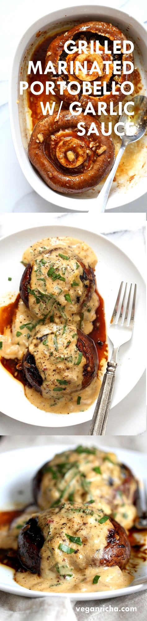 Grilled Portobello Mushrooms with Garlic Sauce. Grilled or Baked Marinated Portabella Mushrooms served with creamy gravy. #Vegan #Glutenfree #Recipe #veganricha | VeganRicha.com