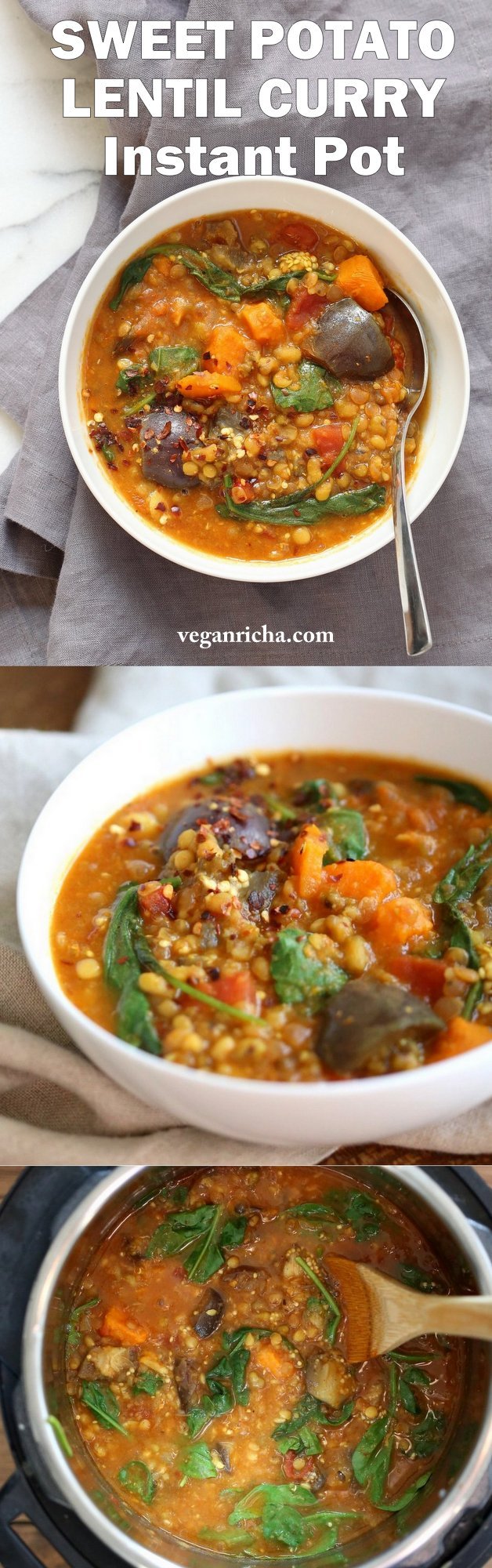 Instant Pot Eggplant Sweet Potato Lentil Curry. Mung Beans, lentils, spices, sweet potato and eggplant make a filling curry or soup. Use other veggies of choice. Vegan Gluten-free Soy-free Nut-free Recipe. Make it in a saucepan or InstantPot Pressure Cooker. #vegan #glutenfree #soyfree #veganricha