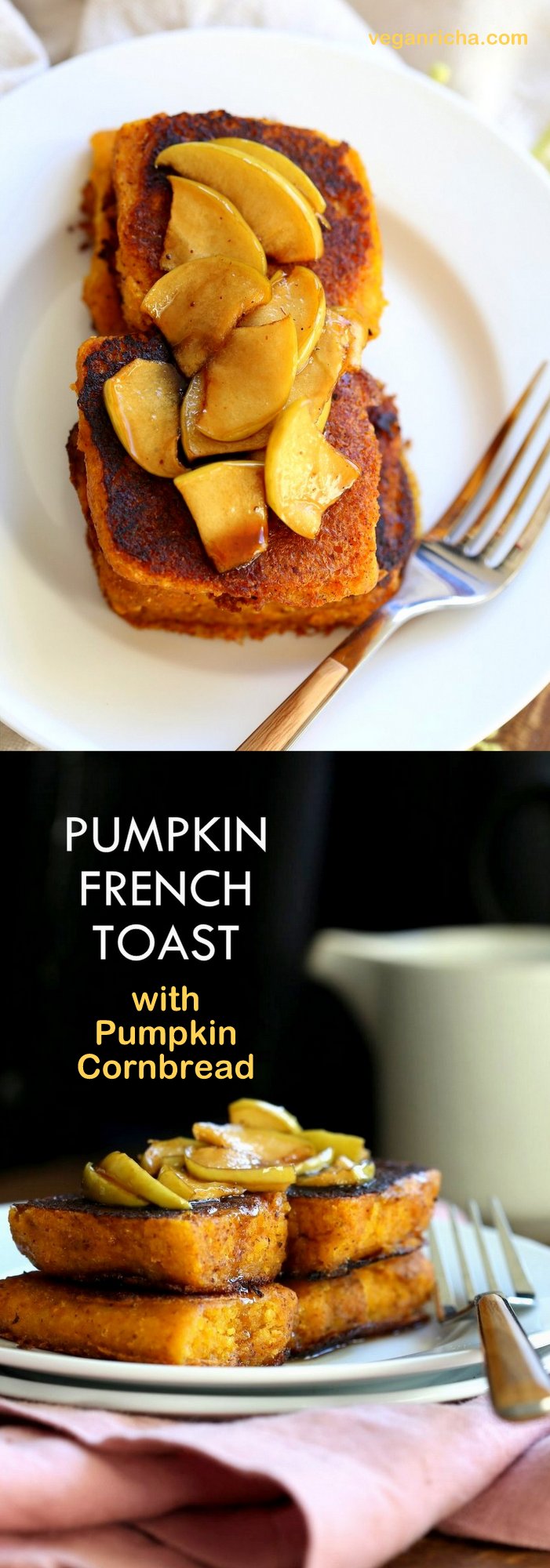 Vegan Pumpkin French Toast with Pumpkin Cornbread, pumpkin pie spices and Caramelized Apples! Breakfast for fall. Vegan Soy-free Recipe. Can be gluten-free with gluten-free cornbread #vegan #breakfast #recipe #veganricha