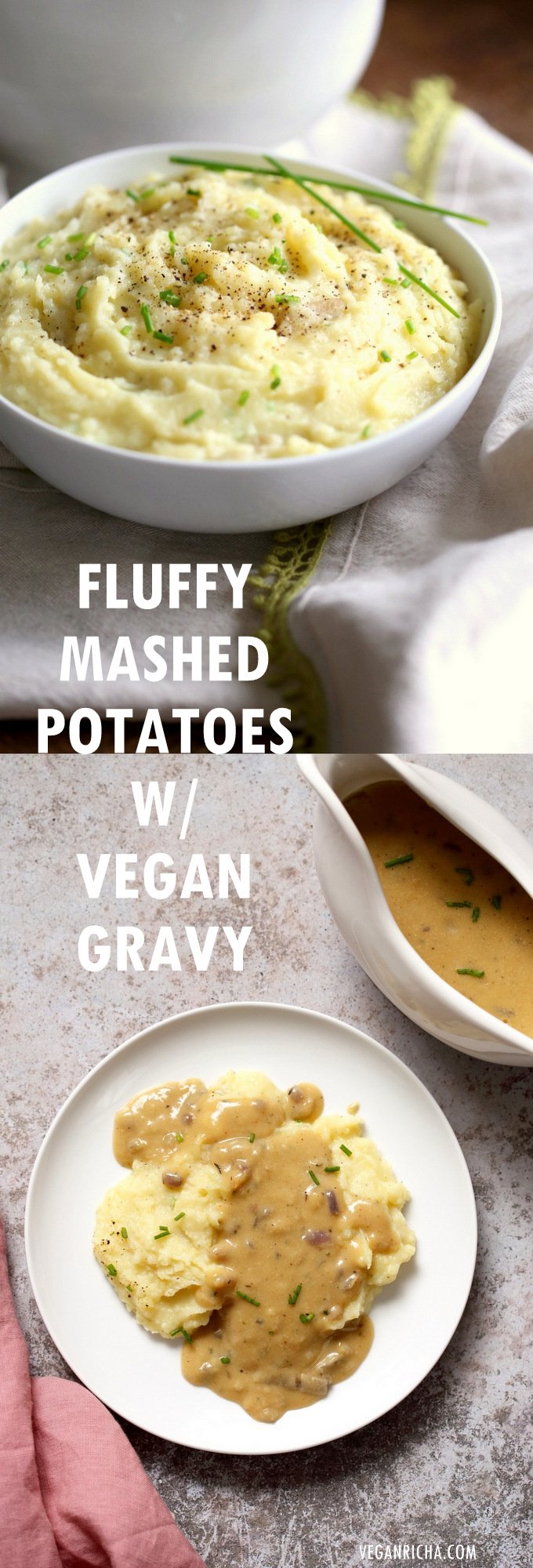 Fluffy Vegan Mashed Potatoes with Vegan Gravy - 1 Pot Gravy - Mushroom Free. Can be Nut-free, soy-free. Serve over mashed potatoes, biscuits, thanksgiving loaf and more. #Vegan #Recipe #veganricha | VeganRicha.com