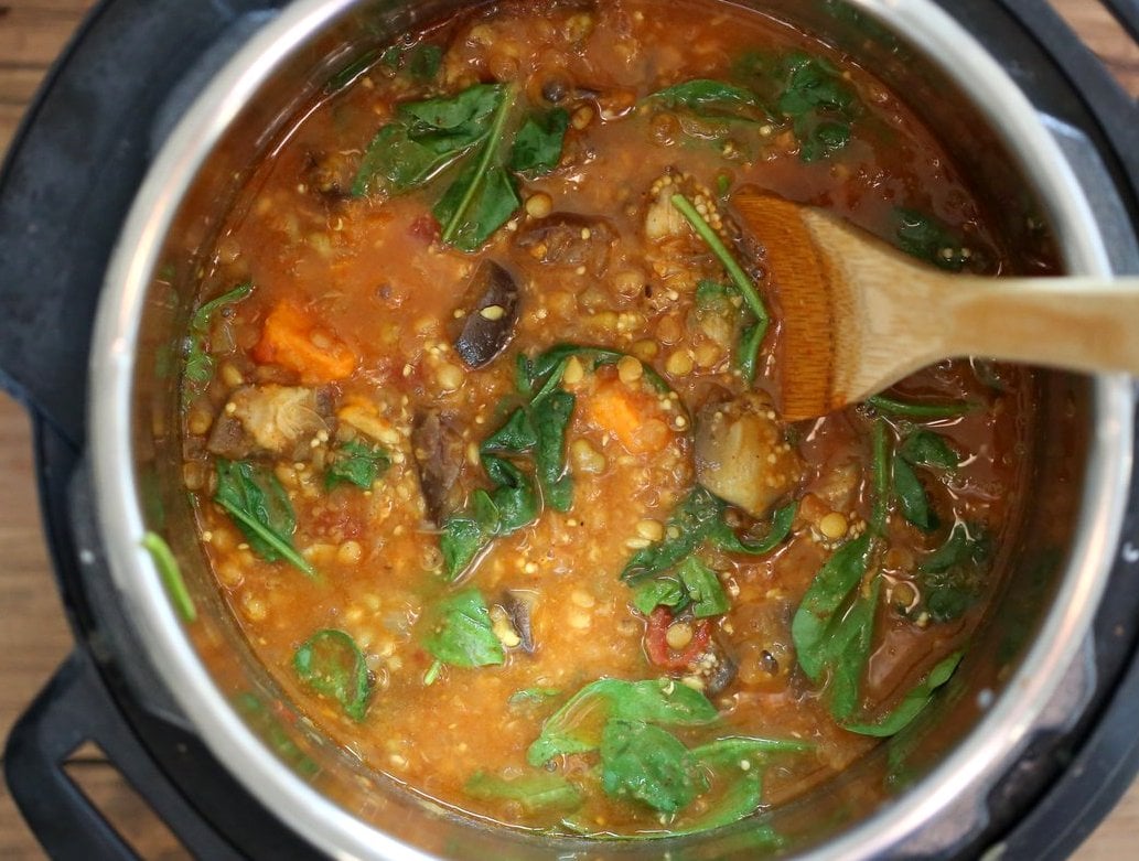 Instant Pot Eggplant Sweet Potato Lentil Curry. Mung Beans, lentils, spices, sweet potato and eggplant make a filling curry or soup. Use other veggies of choice. Vegan Gluten-free Soy-free Nut-free Recipe. Make it in a saucepan or InstantPot Pressure Cooker. #vegan #glutenfree #soyfree #veganricha