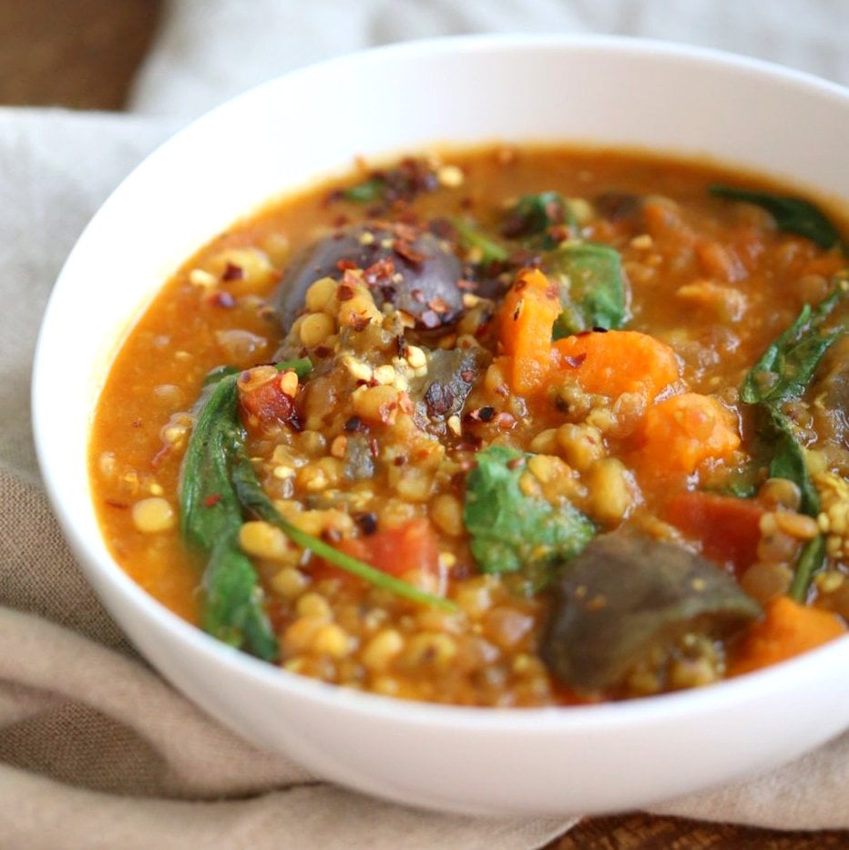 Instant Pot Eggplant Sweet Potato Lentil Curry. Mung Beans, lentils, spices, sweet potato and eggplant make a filling curry or soup. Use other veggies of choice. Vegan Gluten-free Soy-free Nut-free Recipe. Make it in a saucepan or InstantPot Pressure Cooker. #vegan #glutenfree #soyfree #veganricha