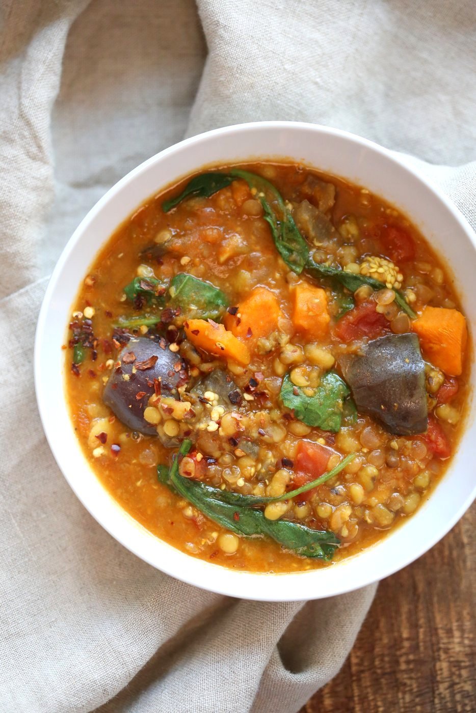Instant Pot Eggplant Sweet Potato Lentil Curry. Mung Beans, lentils, spices, sweet potato and eggplant make a filling curry or soup. Use other veggies of choice. Vegan Gluten-free Soy-free Nut-free Recipe. Make it in a saucepan or InstantPot Pressure Cooker. #vegan #glutenfree #soyfree #veganricha