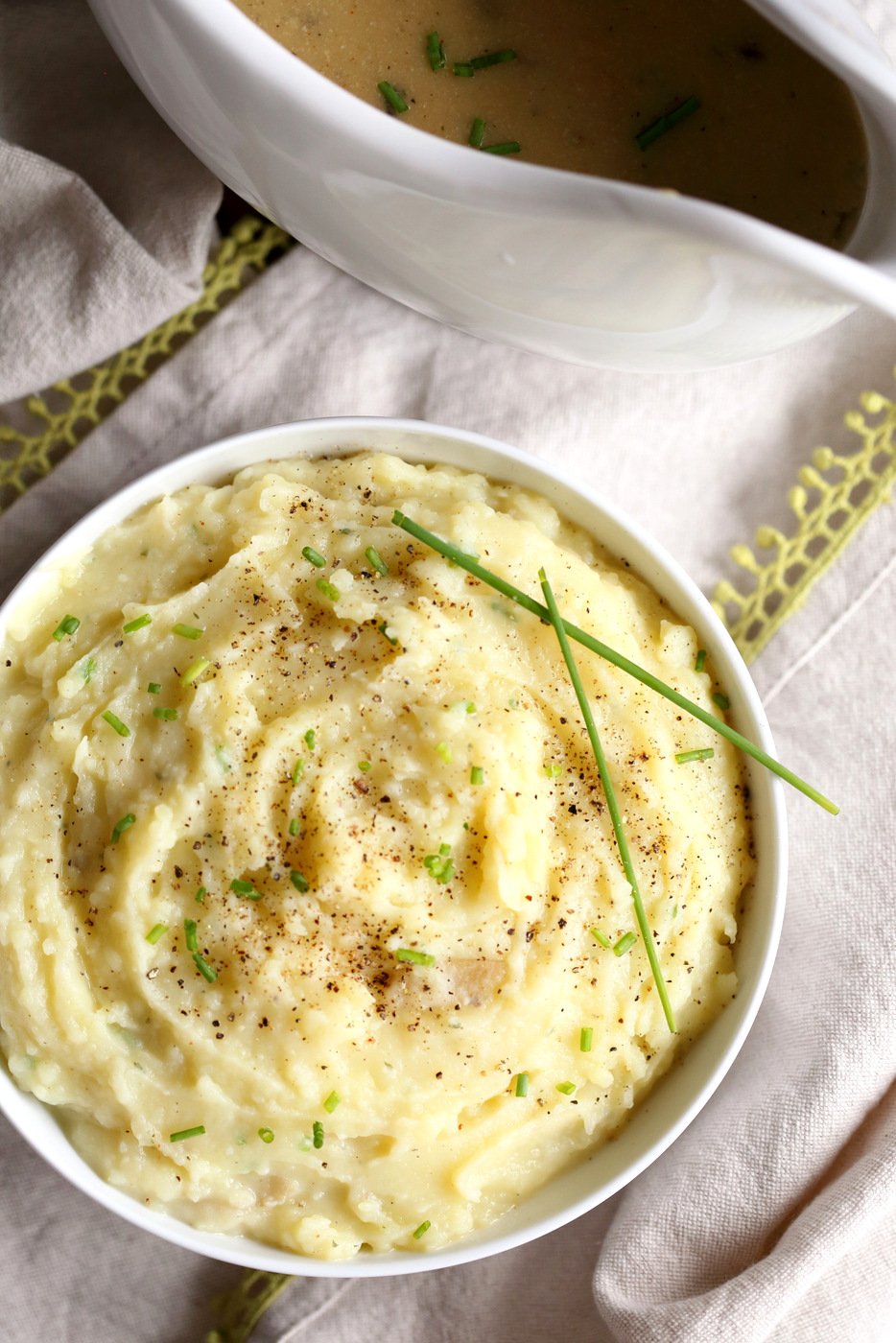 Easy Vegan Mashed Potatoes. Serve with gravy other as a side. Fluffy Instant Pot Mashed Potatoes made in Instant Pot. #Vegan Gluten-free Soy-free Nut-free Recipe. Can be #oilfree #veganricha | VeganRicha.com 