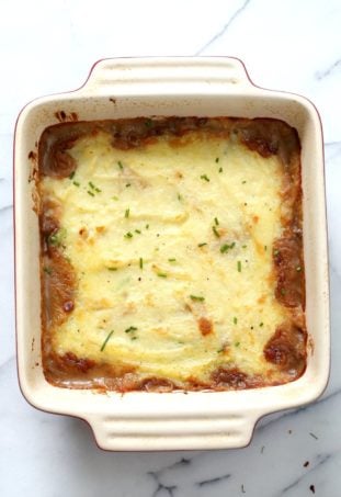 Vegan Shepherd's Pie - Mushroom and Lentil Shepherdless Pie with Gravy and Garlic mashed potatoes. #Vegan #Glutenfree #Recipe. Can be soy-free.ย #veganricha | VeganRicha.com