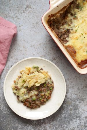 Vegan Shepherd's Pie - Mushroom and Lentil Shepherdless Pie with Gravy and Garlic mashed potatoes. #Vegan #Glutenfree #Recipe. Can be soy-free.ย #veganricha | VeganRicha.com