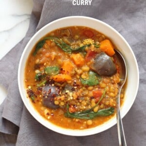 Instant Pot Eggplant Sweet Potato Lentil Curry. Mung Beans, lentils, spices, sweet potato and eggplant make a filling curry or soup. Use other veggies of choice. Vegan Gluten-free Soy-free Nut-free Recipe. Make it in a saucepan or InstantPot Pressure Cooker. #vegan #glutenfree #soyfree #veganricha