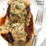 Grilled Portobello Mushrooms with Garlic Sauce. Grilled or Baked Marinated Portabella Mushrooms served with creamy gravy. #Vegan #Glutenfree #Recipe #veganricha | VeganRicha.com