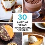 image collage of vegan thanksgiving desserts: cheesecake, pudding, tarts, pies