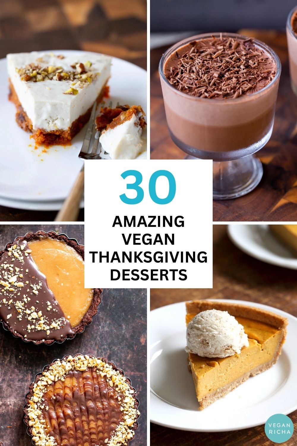 image collage of vegan thanksgiving desserts: cheesecake, pudding, tarts, pies