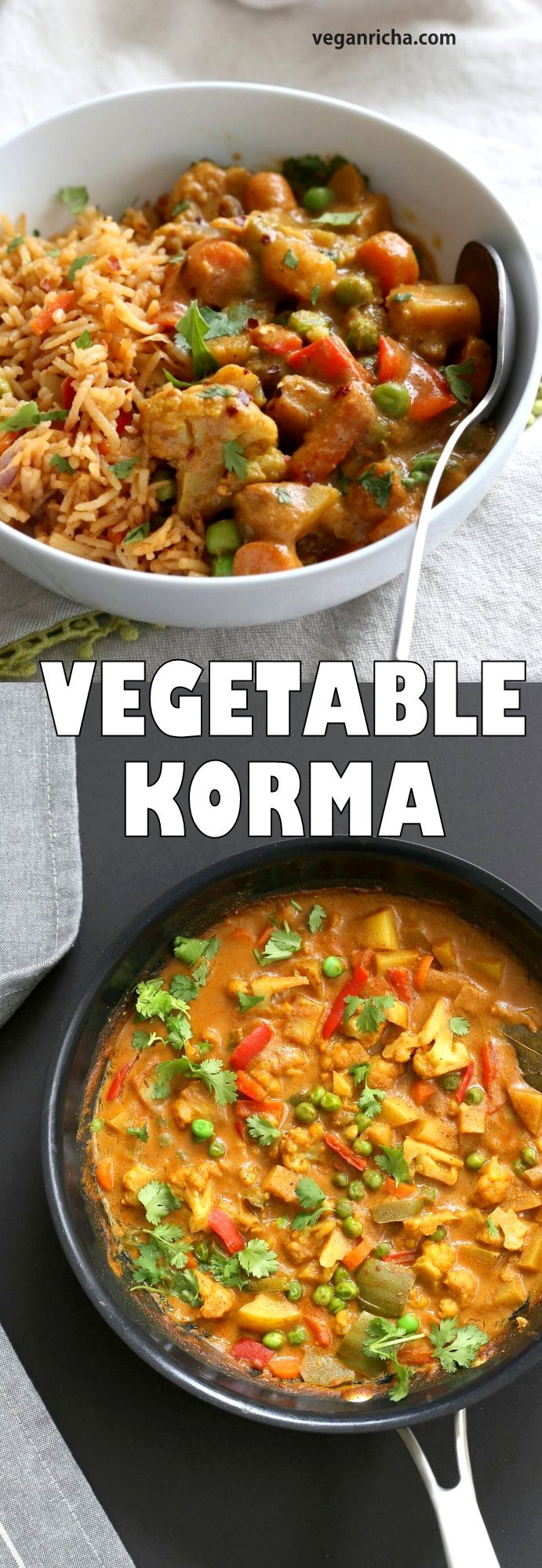 Vegetable Korma - Veggies in Spiced Ginger Chile Sauce. Creamy Indian Korma Recipe made without Onion and garlic. Vegan Indian Gluten-free Soy-free  Can be made nut-free. No Onion No Garlic Recipe. #vegan #veganricha