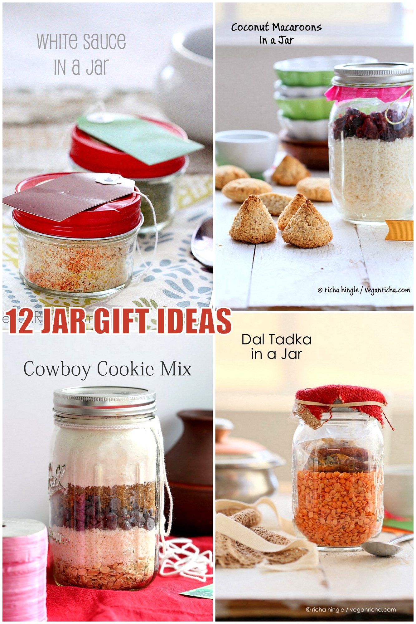 12 Ideas for Holiday Mason Jar Gifts! Vegan, Gluten-free options. Cake Mixes, Cookie Mixes, Lentil Soups, Meals, Pasta Sauces, Crepe Mix, Sweet and Savory Granola and More.ย  #vegan #veganricha
