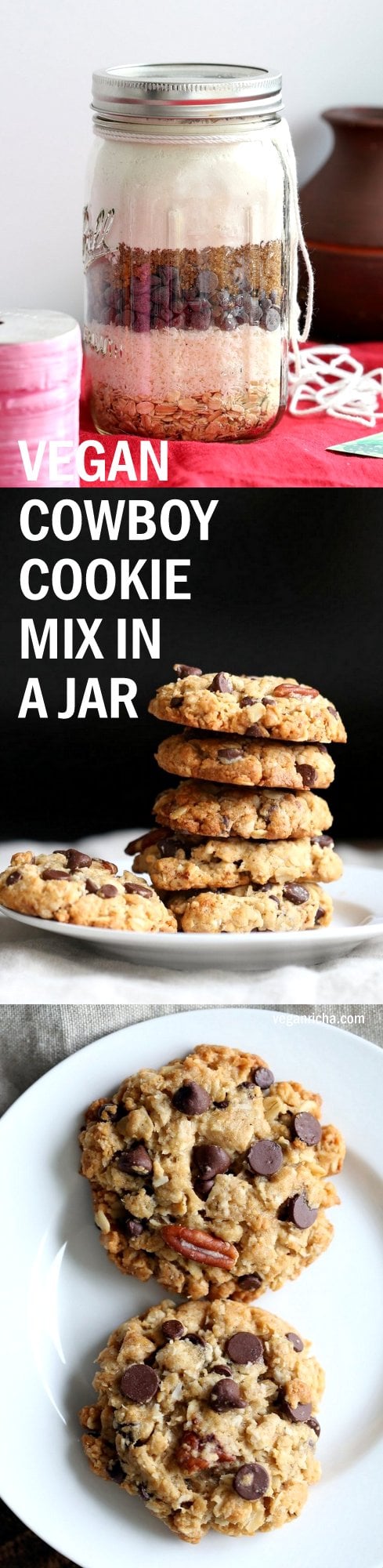 Vegan Cowboy Cookies Mix makes great Jar gifts for the Holiday Season. 1 Bowl Coconut Oatmeal Pecan Chocolate Chip Cookies. Layer oats, flour, coconut, chocolate sugar and pecans. Mix, add applesauce and oil, and bake. #veganricha #Vegan #Recipe Can be #glutenfree | VeganRicha.com