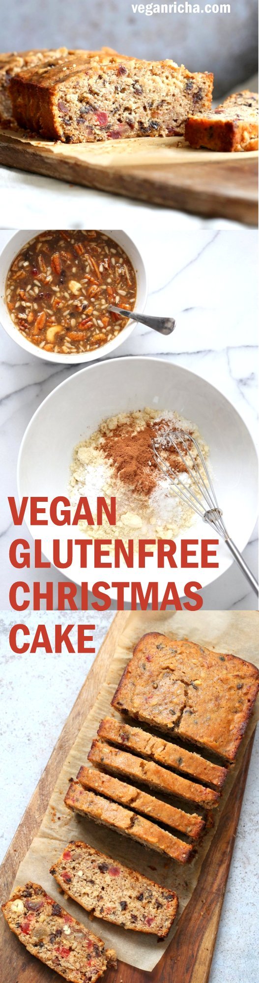 Vegan Gluten free Christmas Cake Fruit Cake full of nuts, dried fruits, candied ginger. Soft, Flavorful and great for gifting. Vegan Soyfree Recipe. #veganricha #vegan #glutenfree | VeganRicha.com