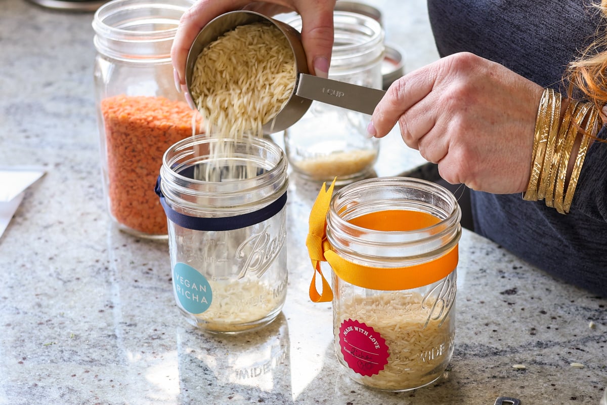adding rice to the jar