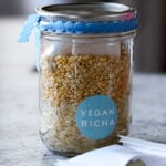 khichdi in a jar with a Vegan Richa sticker and ribbon