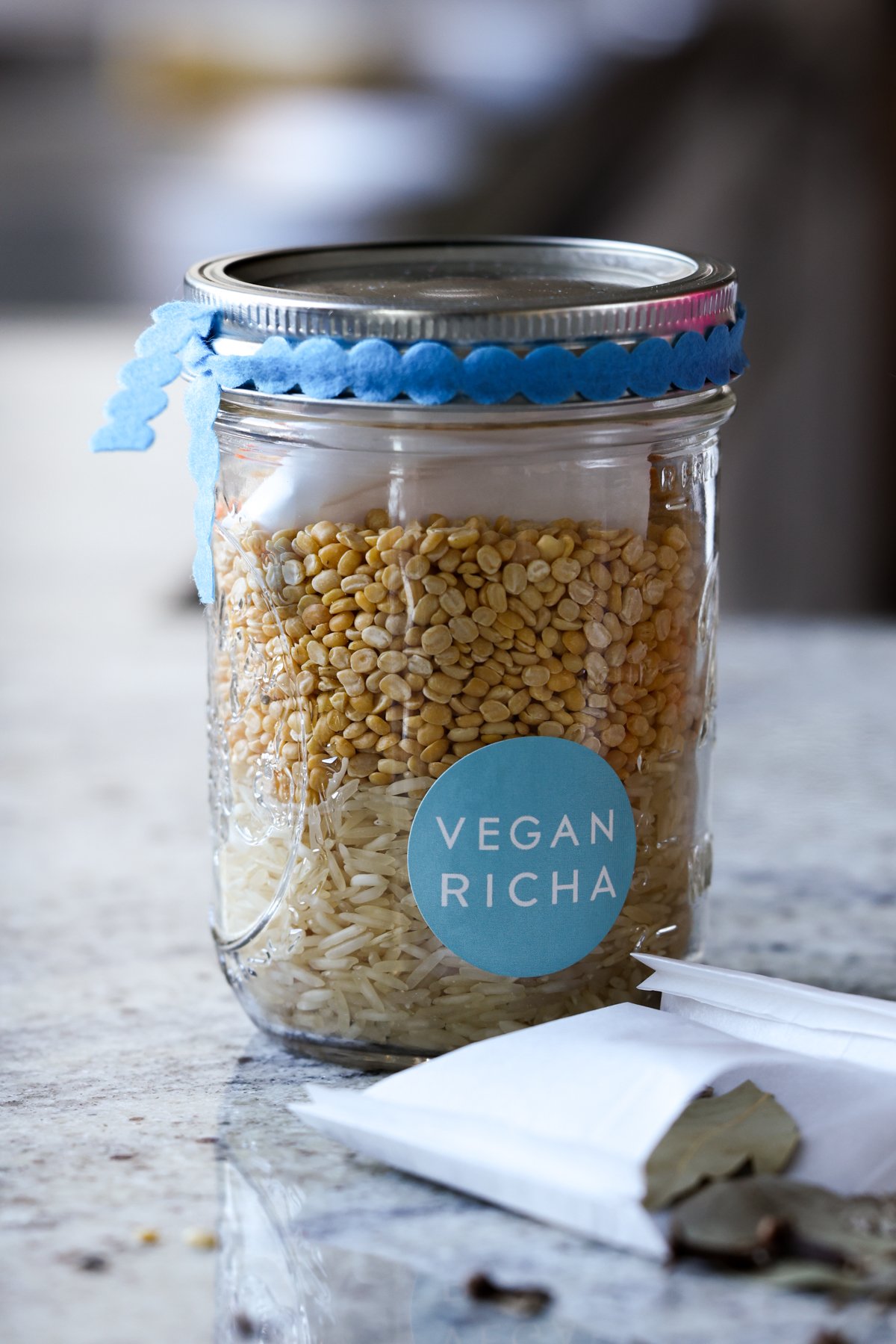 khichdi in a jar with a Vegan Richa sticker and ribbon