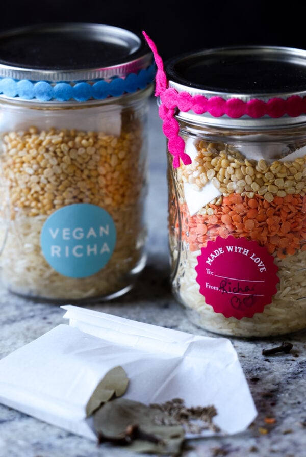 jars of khichdi mix with the spice pouch next to them