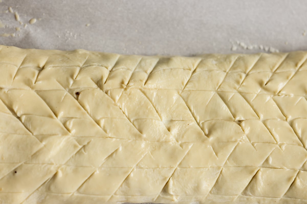 close-up of lentil wellington on the baking sheet before baking