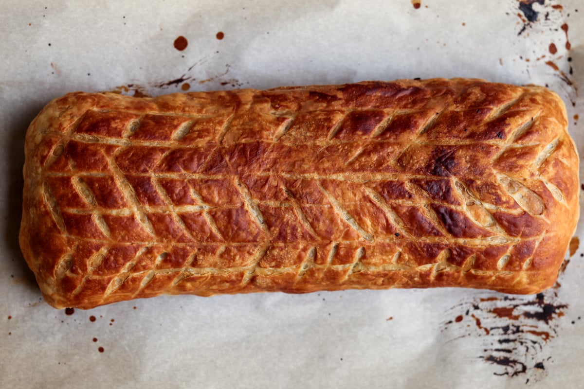 lentil wellington on the baking sheet after baking
