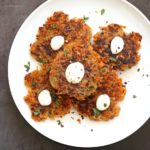 Easy Vegan Latkes. Potato & Sweet Potato Latkes. Panfried crispy latke fritters for Hannukah. #Vegan #Glutenfree #soyfree #Nutfree #Recipe. #VeganRicha | VeganRicha.com
